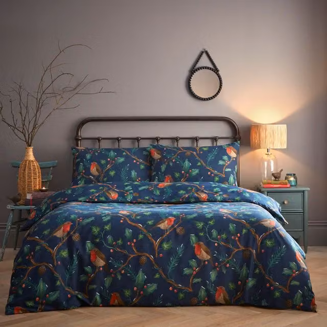 Portfolio Home Dalby Robins Holly Blue Duvet Cover and Pillowcase Set, King Size