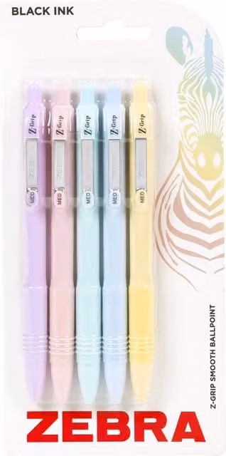Zebra Z-Grip Retractable Ballpoint Pens, 5 Pack, Multicolour Pastel Barrels with Black Ink, 1mm Medium Point