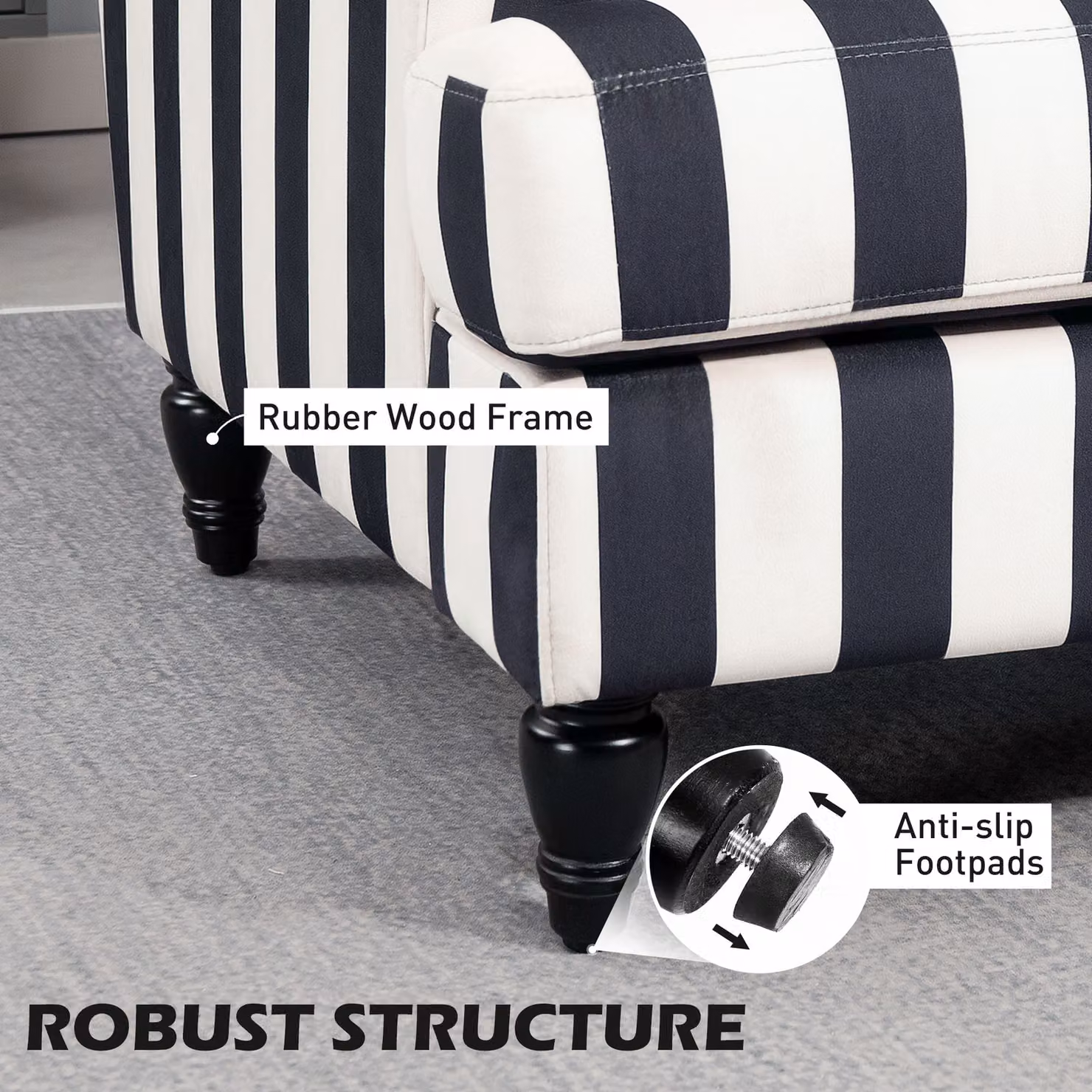 HOMCOM Modern Velvet Accent Chair with Striped Fabric and Rubberwood Turned Legs in Black and White – 6