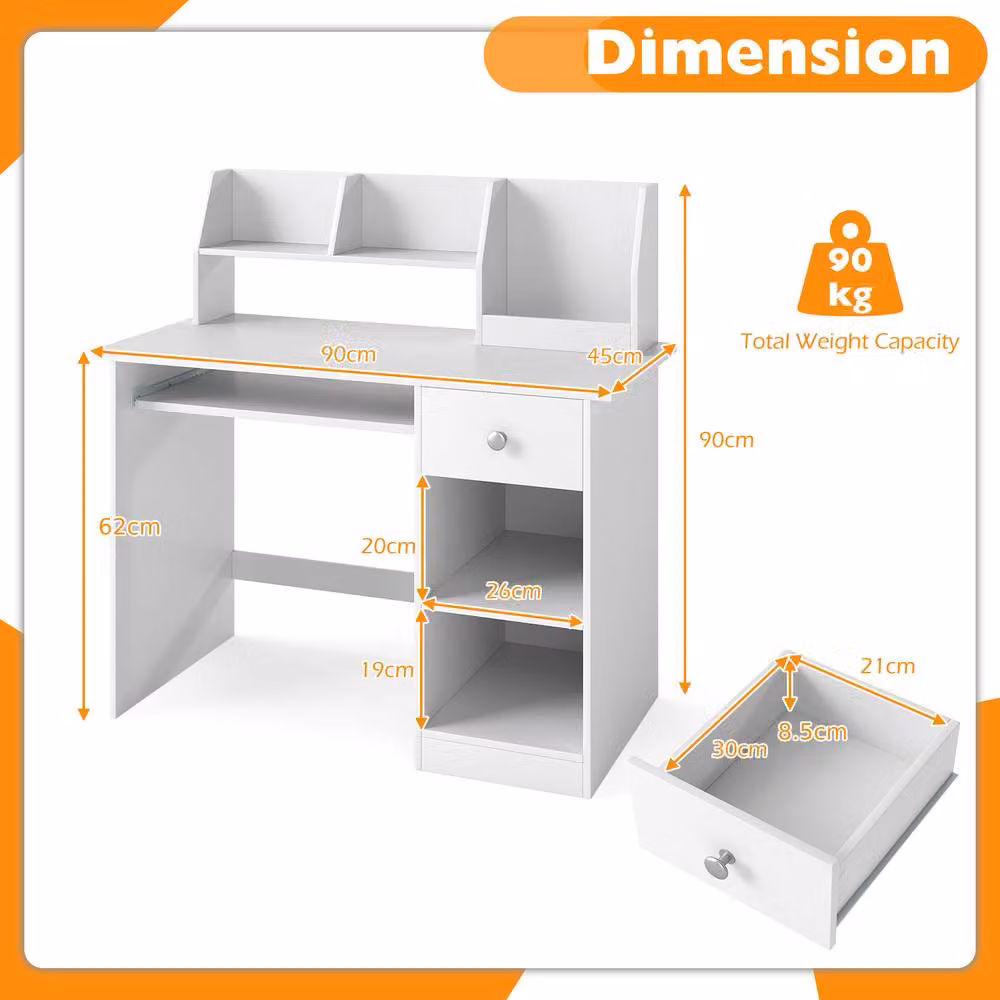 Costway Kids Wooden Study Desk with Keyboard Tray and Drawer in White – 2