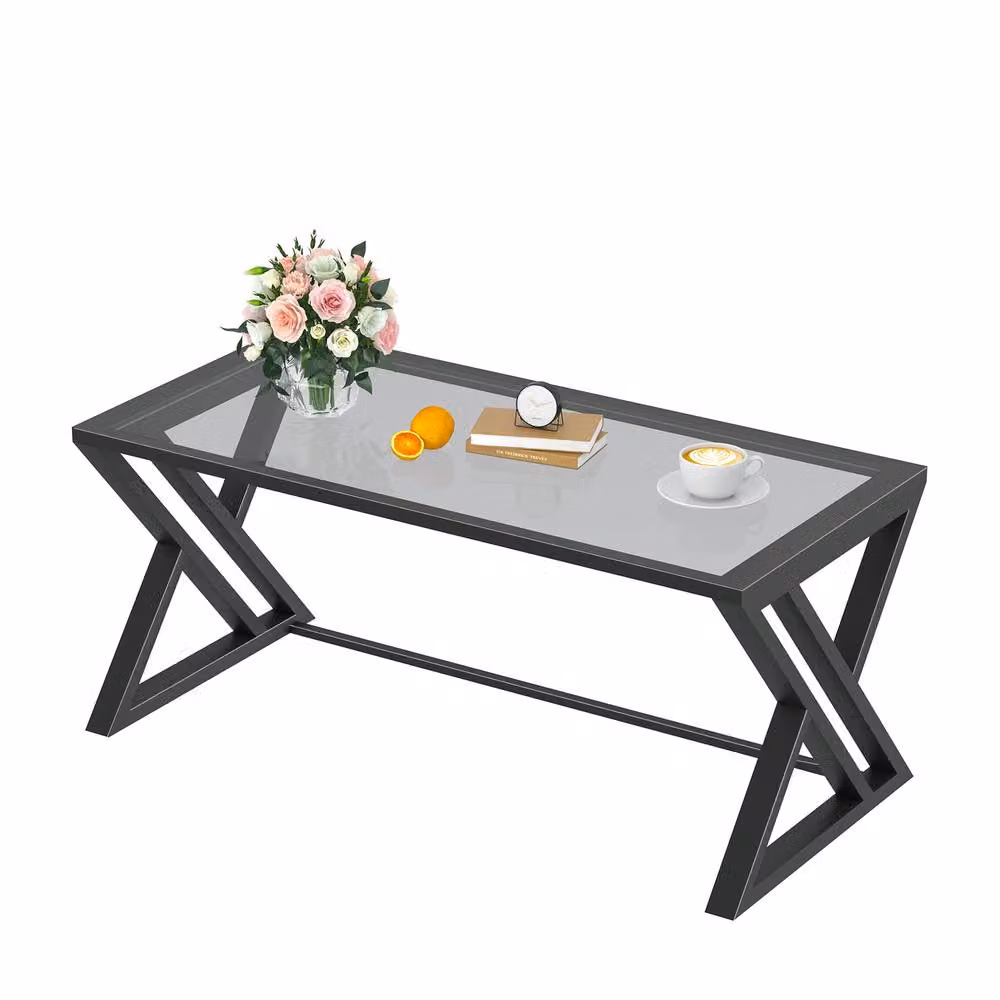 Huhote Modern Grey Coffee Table with Metal Frame and Glass Top – 2