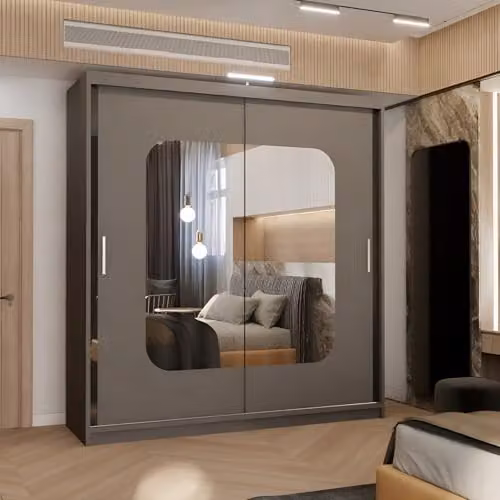 FURNITUREWAVE Alfa Modern Sliding Door Wardrobe with Internal Shelves and Hanging Rod, Grey and Oak, W: 150 cm, H: 217 cm, D: 62 cm – 2