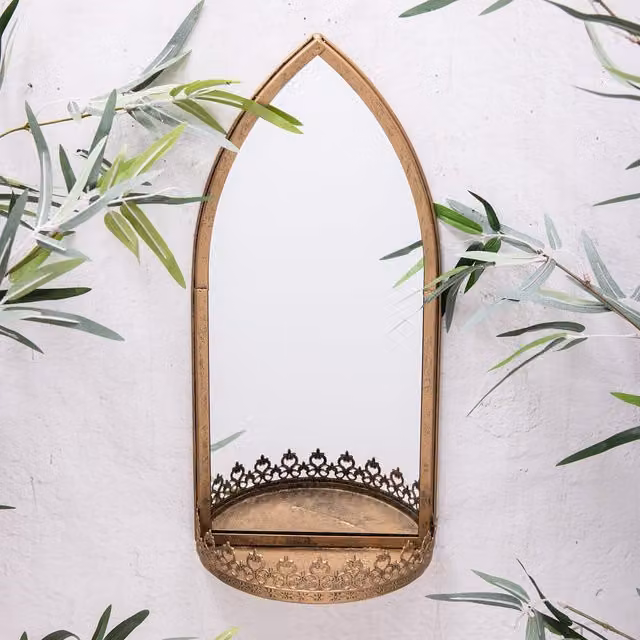 Annibells Vintage Gold Metal Garden Wall Mirror with Shelf, W: 40 cm, H: 40 cm, D: 40 cm