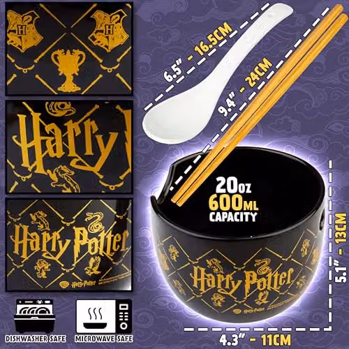 Get Trend Harry Potter Ramen Bowl Set, 600ml Black Ceramic Bowl with Spoon and Bamboo Chopsticks – 11