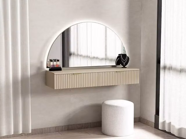 Vente-unique Wall-Mounted Dressing Table with LED Mirror and 2 Drawers, Beige