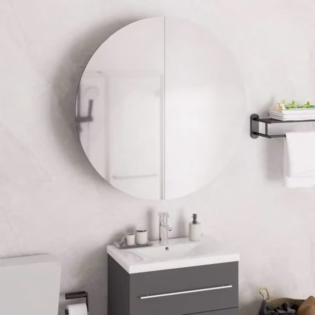 Berkfield Home Oak Bathroom Cabinet with Round LED Mirror in Brown, W/D/H: 54 x 54 x 17.5 cm – 1