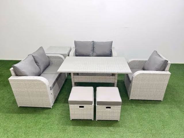 Fimous 7-Seater Grey Poly Rattan Garden Furniture Set with Reclining Chair, Loveseat Sofa, Rectangular Dining Table and 2 Stools