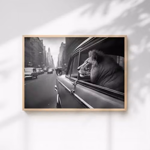 60 Second Makeover Lion In A Car Paper Poster, A3, Multicolour
