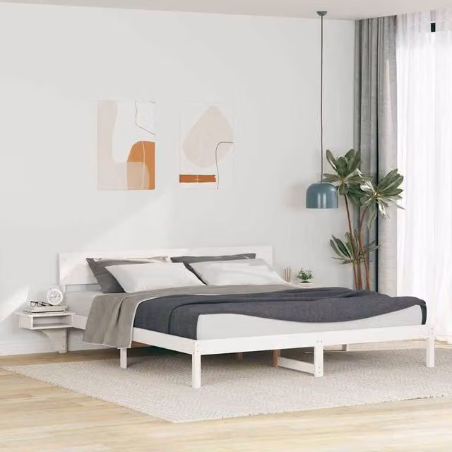 Berkfield Home Solid Pine Wood Bed Frame with Headboard in White, W/D/H: 180 x 200 x 73 cm