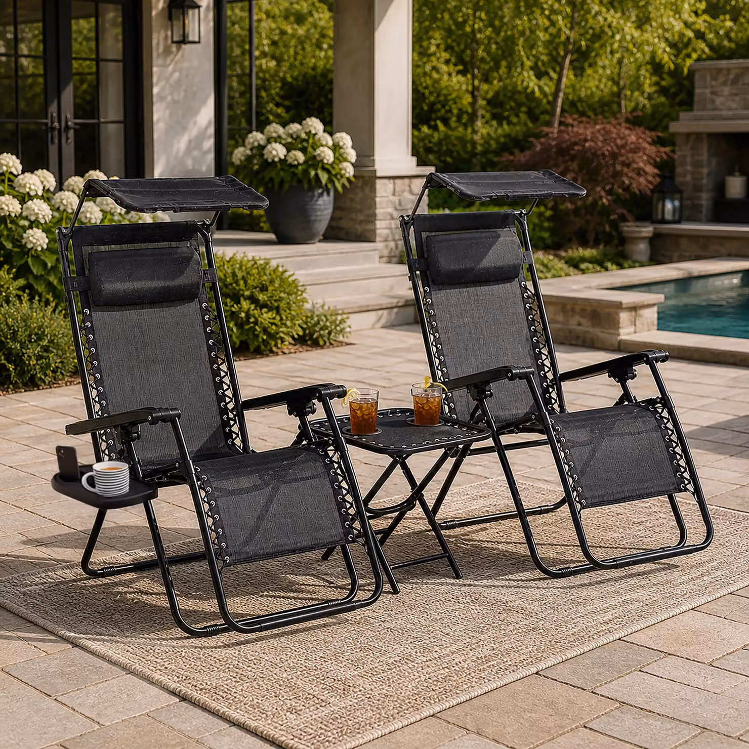 Marco Paul 3 Piece Zero Gravity Sun Lounger Set with Canopy Shade and Side Table in Black – 3