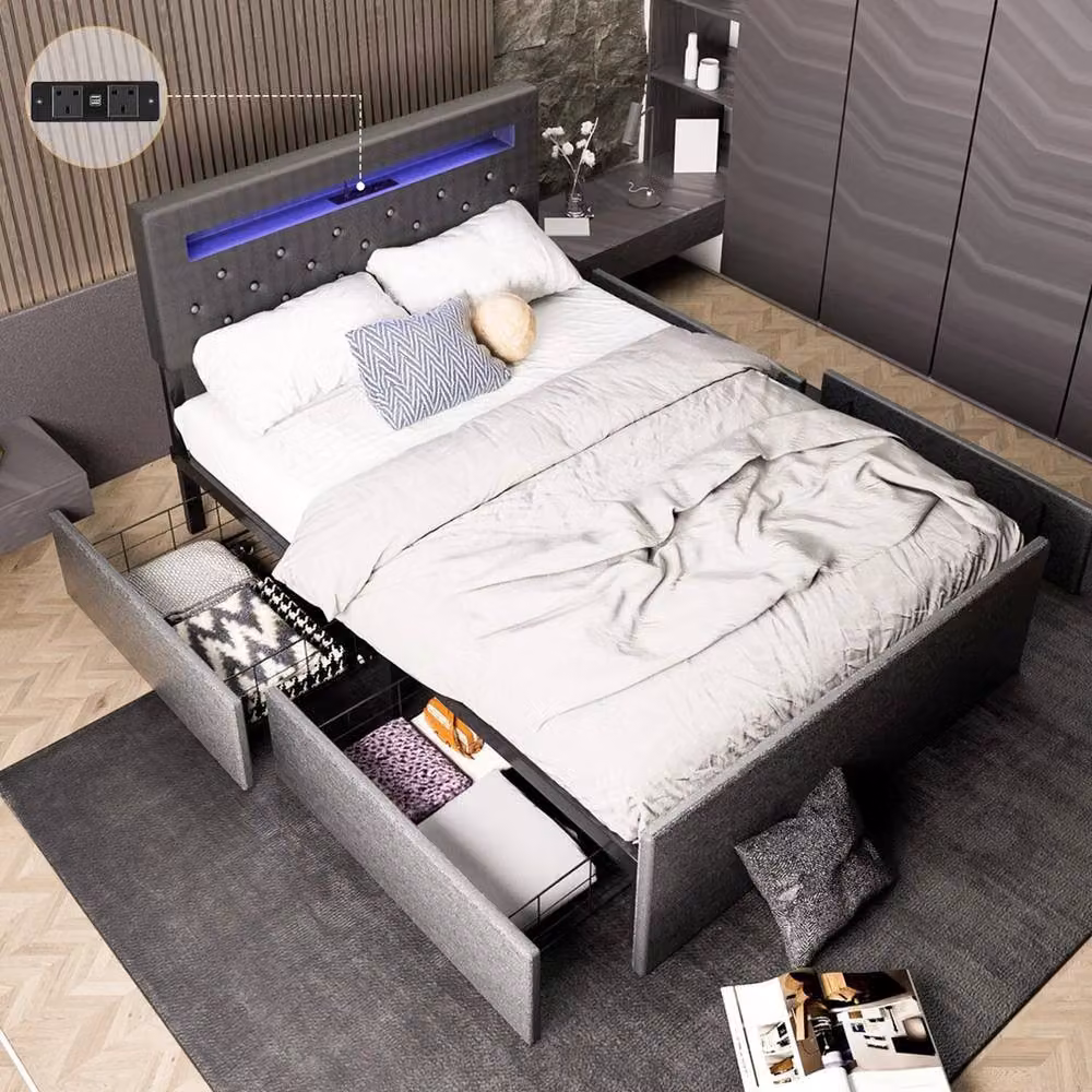 PAWNORA Double Bed Frame with LED Under-Bed Lighting in Dark Grey Fabric – 3