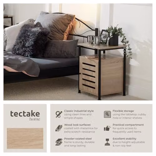 tectake Modern Bedside Table with Cupboard and Open Compartment in Oak and Brown, W/D/H: 40.5 x 40.5 x 60.5 cm – 4