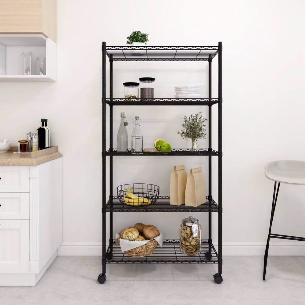 Berkfield Home 5-Tier Metal Storage Shelf with Wheels in Black, W/D/H: 75 x 35 x 155 cm – 2