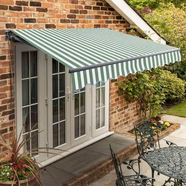 Primrose Manual Folding Arm Patio Awning with Green and White Stripes and Aluminium Frame, W: 250 cm, D: 18 cm