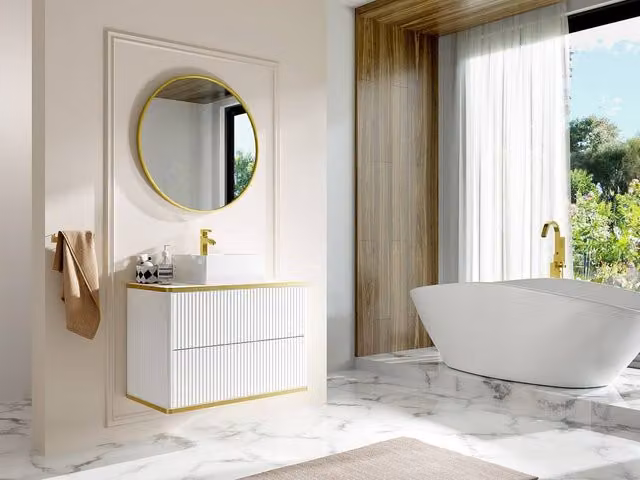 Vente-unique Wall-Mounted Ribbed Vanity Unit with Gold Edging, White