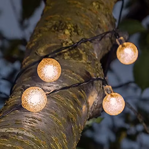 GardenKraft Solar Powered LED Outdoor Globe String Lights with 60 Warm White Spheres and 8 Light Modes, IP44 Weatherproof
