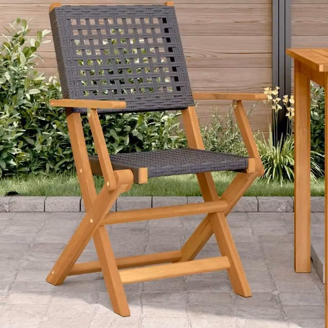 Berkfield Home Set of 2 Black Acacia Wood and Poly Rattan Garden Chairs – 1
