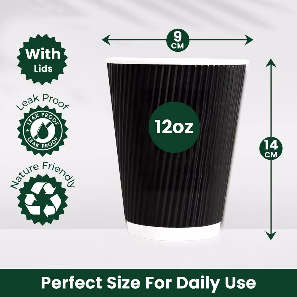 ECONX Black Disposable Ripple Paper Coffee Cups with Lids, 355 ml, 500 Pieces – 2