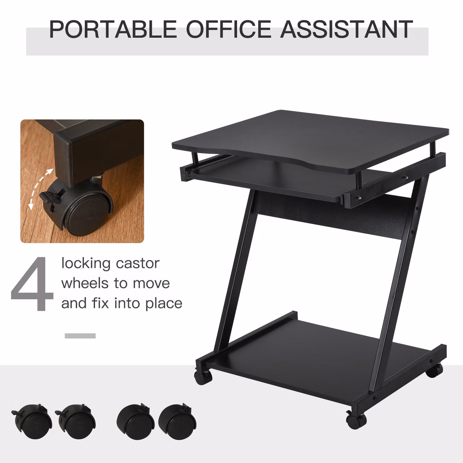 HOMCOM Compact Movable Computer Desk with Sliding Keyboard Tray and Castors, Black – 4