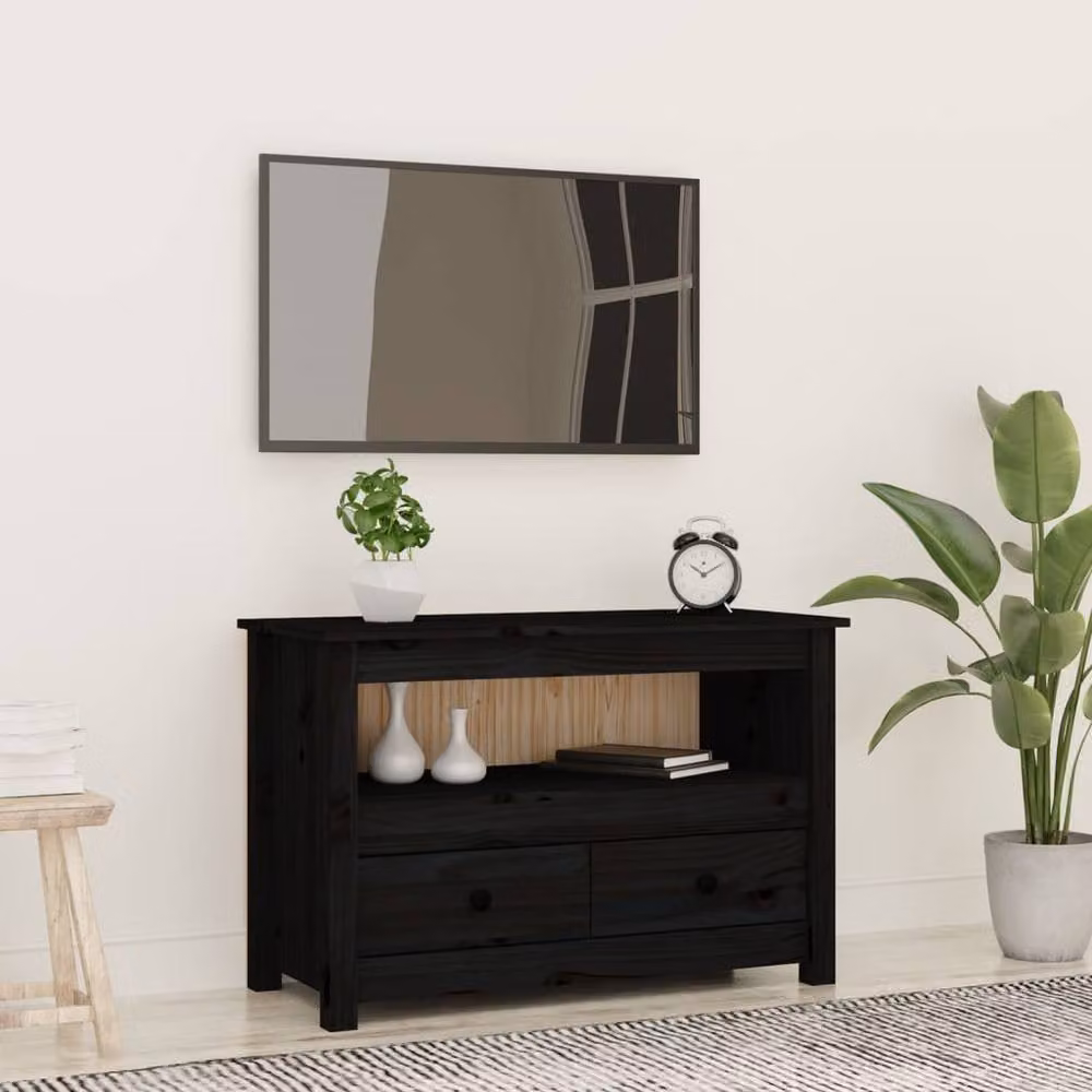 Berkfield Home Black Rustic Solid Wood Pine TV Cabinet W: 79 cm, D: 35 cm, H: 52 cm – 2