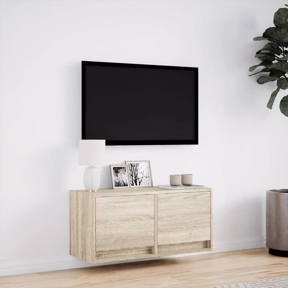 Berkfield Home TV Wall Cabinet with LED Lights in Sonoma Oak, Light Brown, W/D/H: 80 x 31 x 35 cm – 3