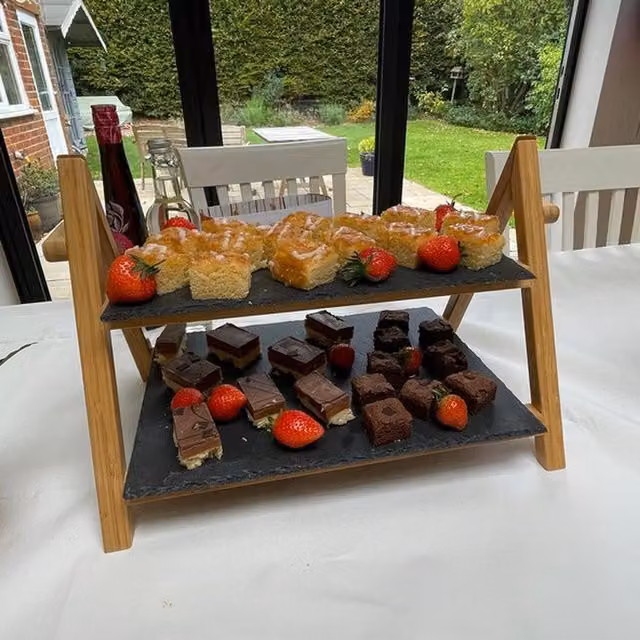 VanGogh 2 Tier Solid Bamboo and Grey Slate Rectangular Cake Stand – 1