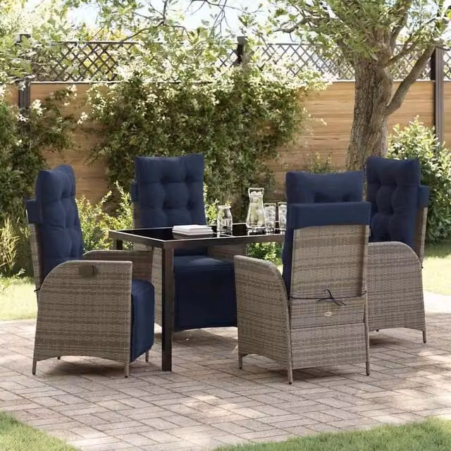 Berkfield 5 Piece Garden Dining Set with Cushions in Grey and Black Rattan