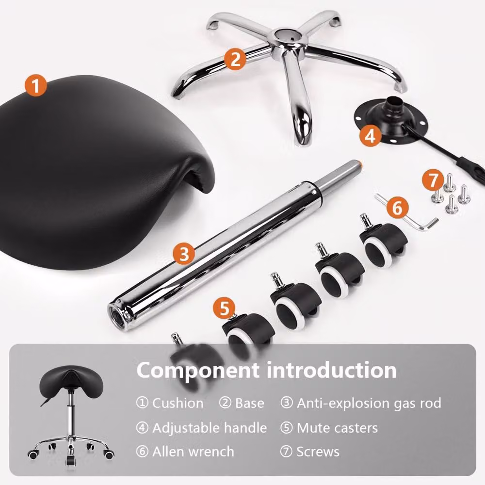 KKTONER Adjustable Rolling Saddle Stool with Castors in Black PU Leather – 6