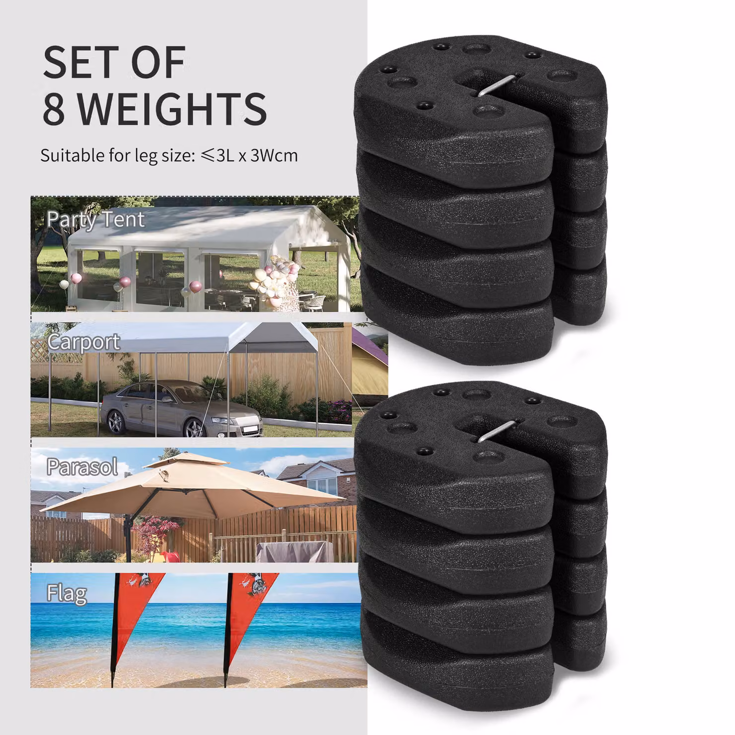 Outsunny Set of 8 Black Gazebo Weights with Reinforcement Pins and Carry Belt, 48kg Total Weight – 4