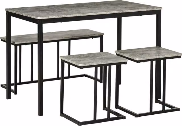HOMCOM Modern Dining Table and Chairs Set with Bench for 4 People, Grey and Black Rectangular Kitchen Table Set with Metal and MDF Construction – 5