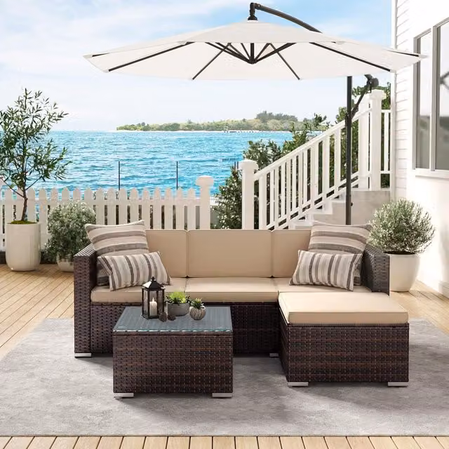 The Bazaarist L-Shape Outdoor Rattan Corner Sofa Set in Brown and Beige with Ottoman and Coffee Table