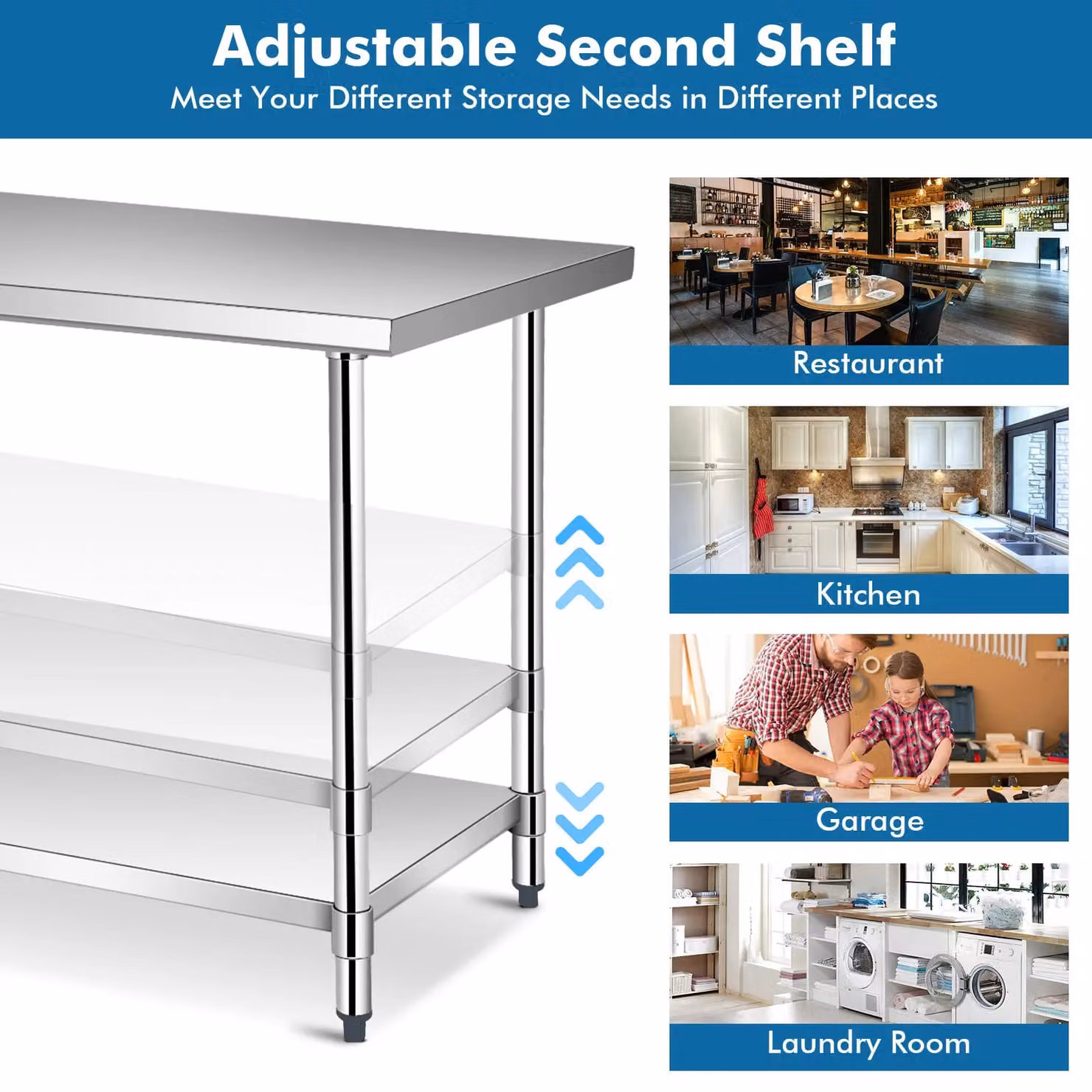 Gymax Stainless Steel Kitchen Prep Work Table with Under Shelf, Metallic Silver, W: 120 cm, H: 92 cm, D: 76 cm – 2
