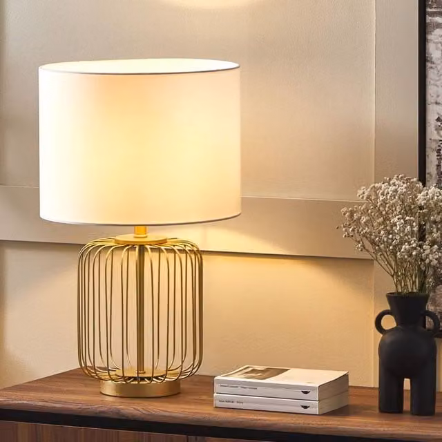 Wyld and Coco Gold Cage Table Lamp with White Fabric Shade, W/D/H: 35 x 35 x 58 cm – 1