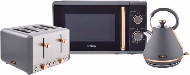Tower Cavaletto Kitchen Appliance Set including 1.7L Kettle, 4-Slice Toaster and 20L Microwave in Grey and Rose Gold – 1