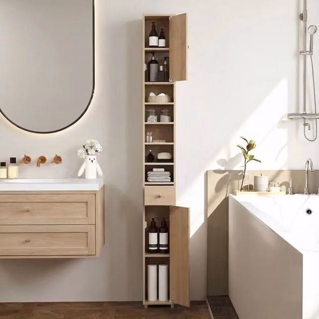 FORGEVIO Slim Freestanding Tall Bathroom Cabinet in Brown with 1 Drawer and 5 Adjustable Shelves – 1