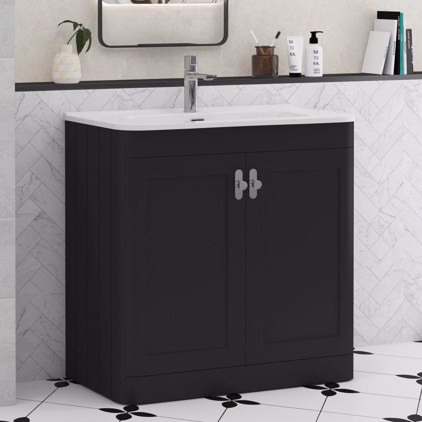 Royal Bathrooms Henley 800mm Matt Nocturne Black Floor Standing Vanity Unit with Ceramic Basin and Chrome Knob