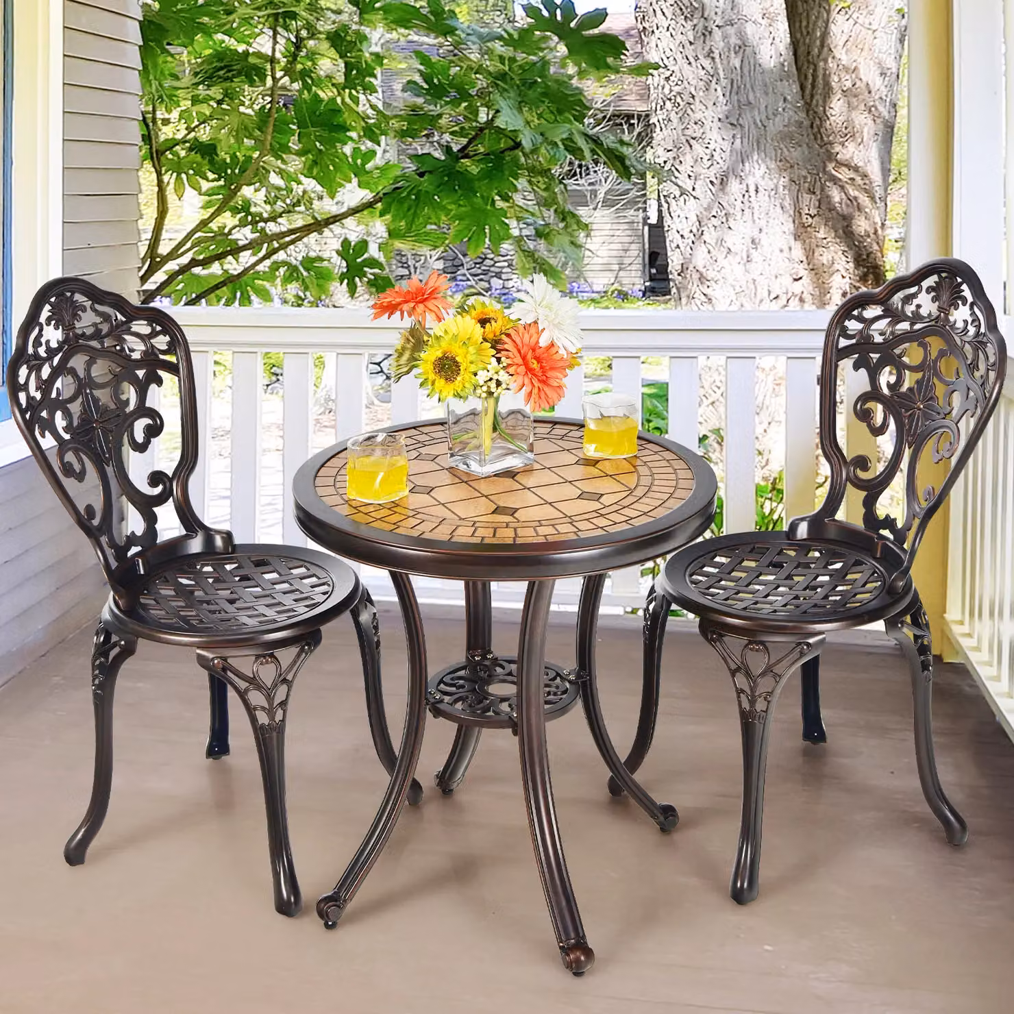 Costway 3-Piece Cast Aluminium Patio Bistro Set with Table and Chairs in Bronze – 7