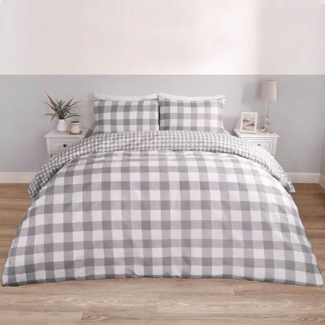 OHS Grey Checked Gingham Duvet Cover and Pillowcase Set, 90 x 200 cm