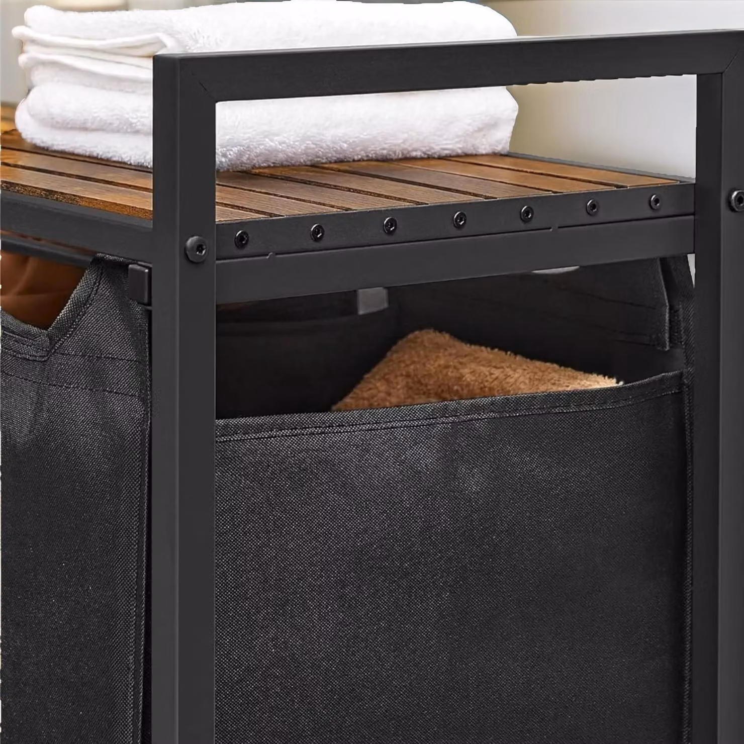 Pirlo Plush Industrial 3 Compartment Laundry Basket with Removable Bags in Brown – 4