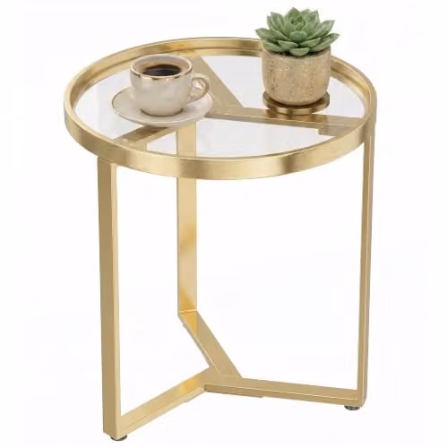 HOMCOM Modern Round Side Table with Transparent Glass Top and Gold Metal Frame, W/D/H: 45 x 45 x 50 cm – 1