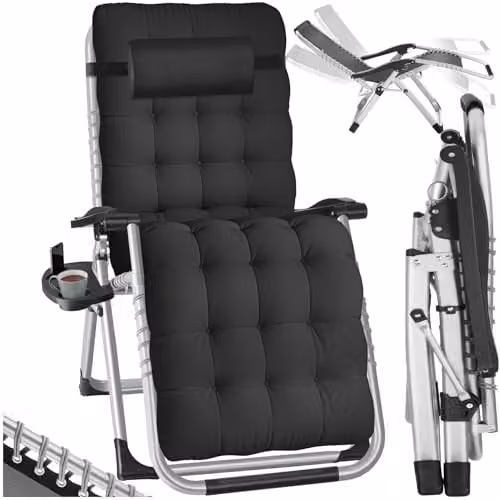 tectake Sun Lounger Cloud in Black with Adjustable Headrest, Side Tray and Cup Holders