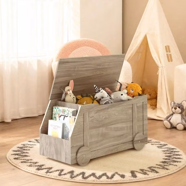 KEEPREAPER Stylish Wooden Toy Storage Box with Lid and Safety Hinges in Grey – 1