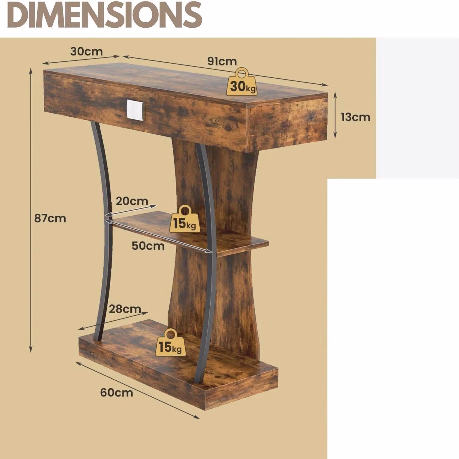 Rafaelo Mobilia Industrial T-Shaped Narrow Console Table with Drawer, Dark Brown – 3