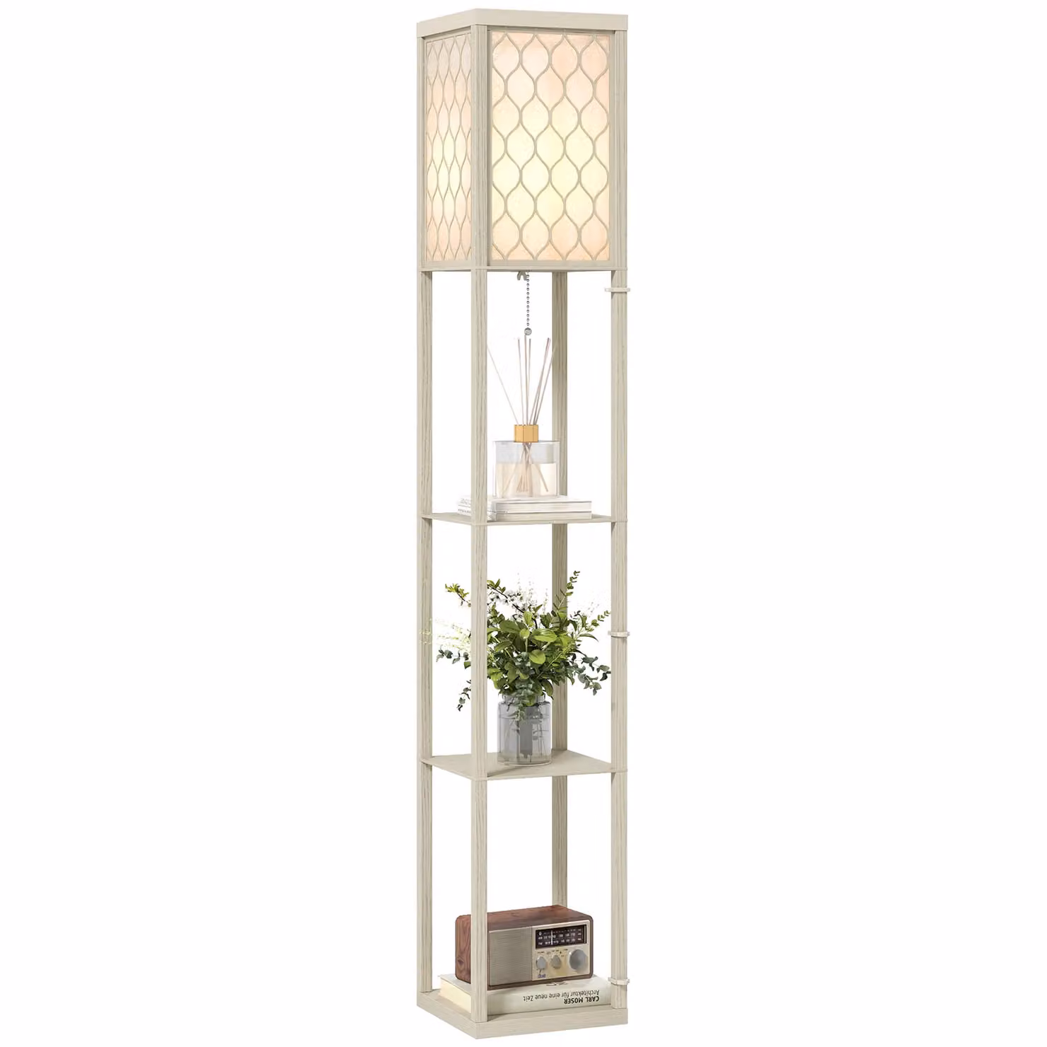 HOMCOM Modern Floor Lamp with 3 Wood Shelves and White Fabric Lampshade in Light Oak, H 160 x W 26 x D 26 cm – 2