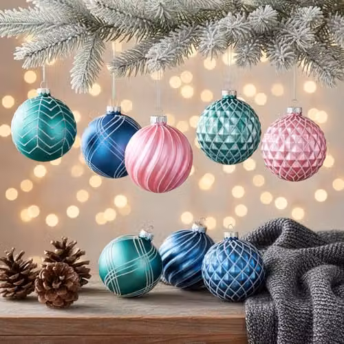 Shatchi 12-Piece Set of Glass Christmas Baubles in Green, Pink and Blue, 8 cm Diameter – 8