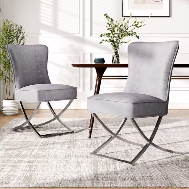 Komore Set of 2 Modern Grey Velvet Dining Chairs with Metal Legs