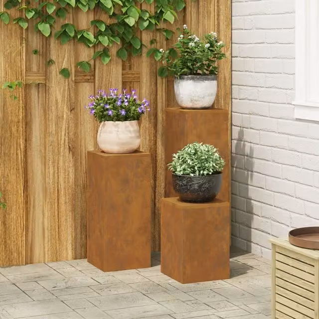 Berkfield Home Outdoor Plant Stand Pillar Set of 3 in Black Weathering Steel