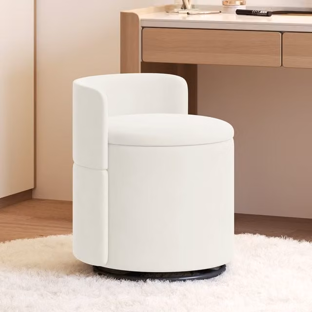 Yaheetech White Velvet Storage Vanity Stool with 360 Degree Swivel and Backrest