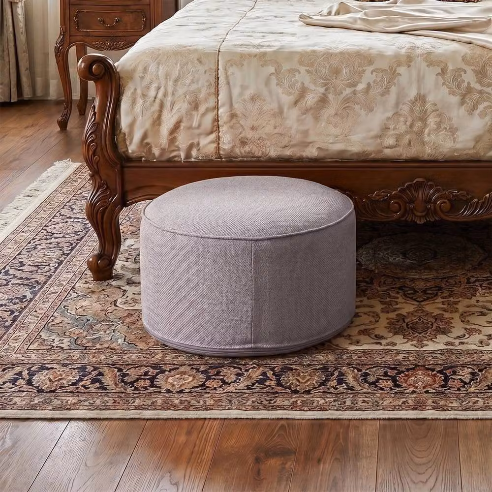 KORVIXA Grey Round Linen Bean Bag Pouf Ottoman Footstool, Diameter: 100 cm – 2