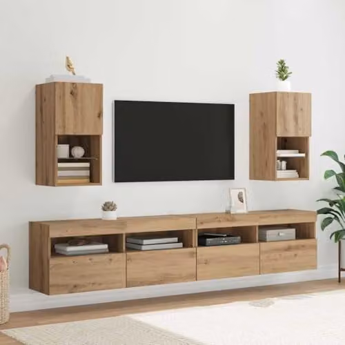 vidaXL Set of 2 Modern Wall-Mounted TV Cabinets in Artisan Oak with Integrated Lighting and Glass Doors – 2